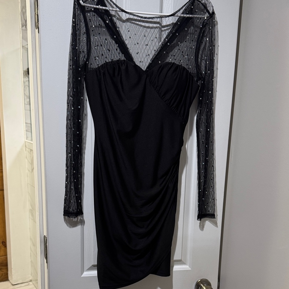 Elegant Black Mesh Sleeve Mini Dress